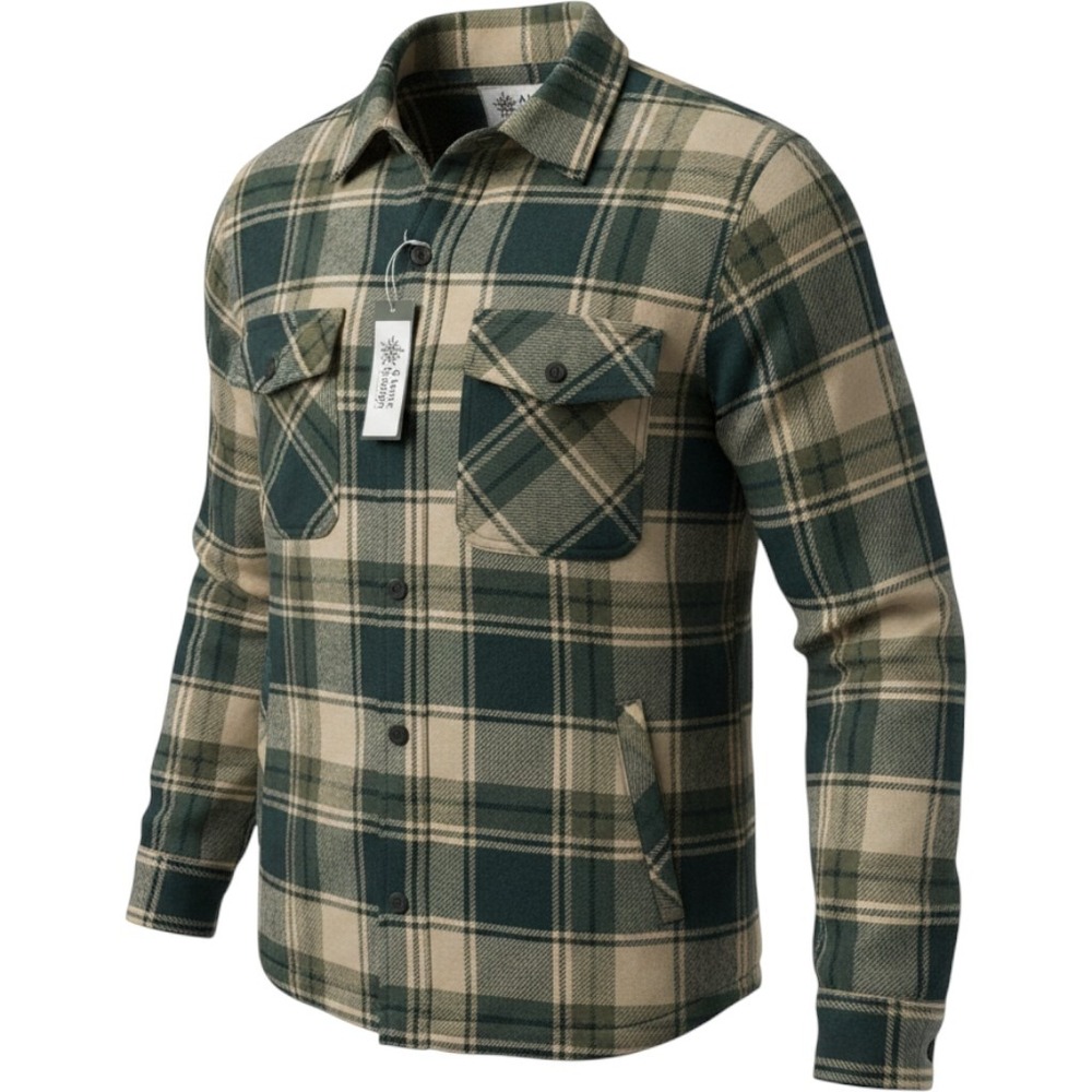 Alpine‎ Design Mens Quilted Flannel Shirt Jacket Green Tan Plaid Lined Shacket